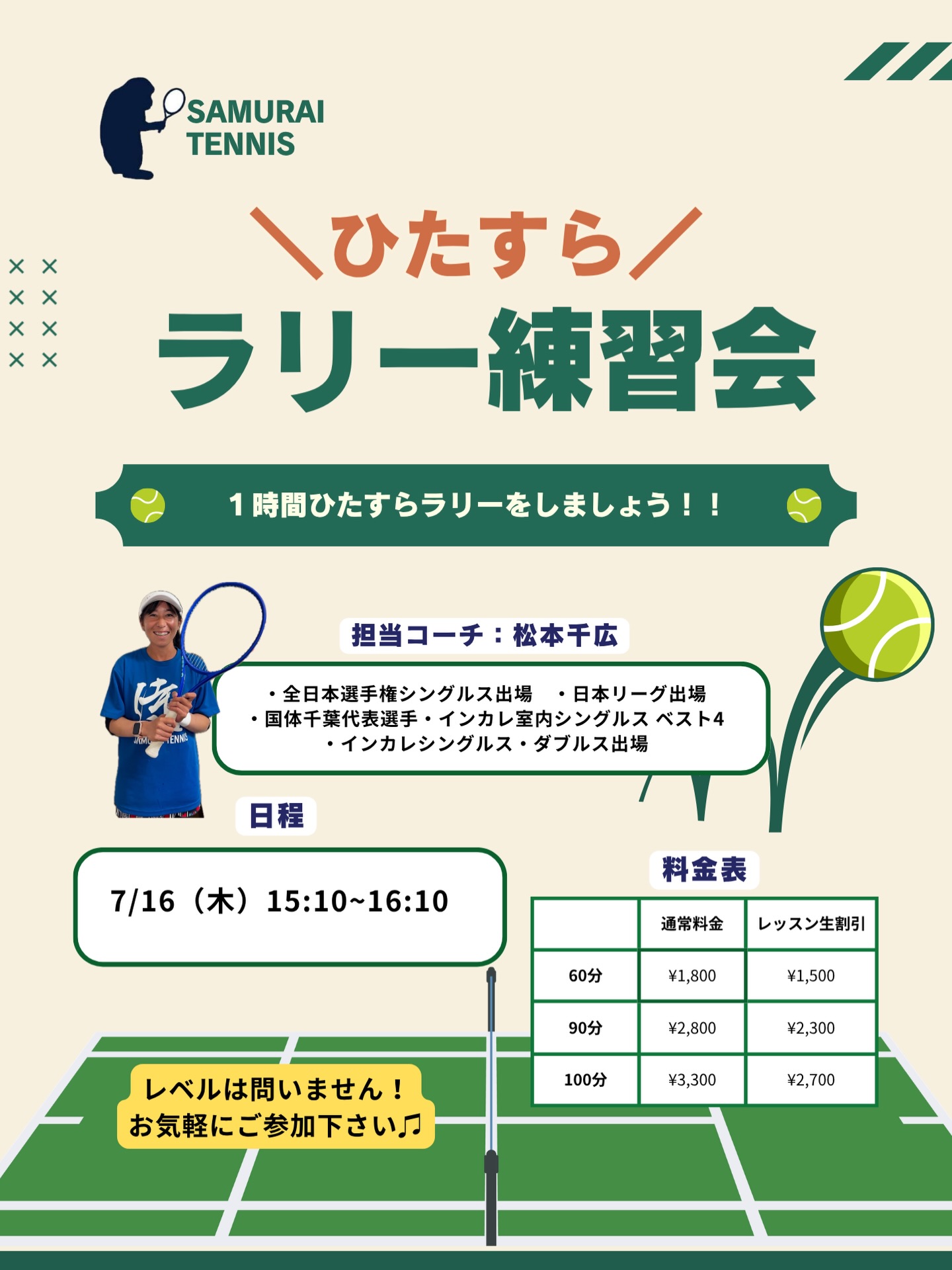 【ひたすらラリー練習会❗️🎾】

一時間ひたすらラリーをしましょう！！

球出しのボールではしっかり打てるのに実践になるとうまく打てない・・ラリーがもっと長く続くようになりたい！

安定したボールが打てるようになりたいなどなど・・！！

レベルはオープンになるので、いろんなボールを実践でたくさん練習していきましょう！！

担当コーチ:松本千広
・全日本選手権シングルス出場
・日本リーグ出場
・国体千葉代表選手
・インカレ室内シングルスベスト4
・インカレシングルス・ダブルス出場

  #テニスクラブ #テニス #テニススクール#イベントレッスン
