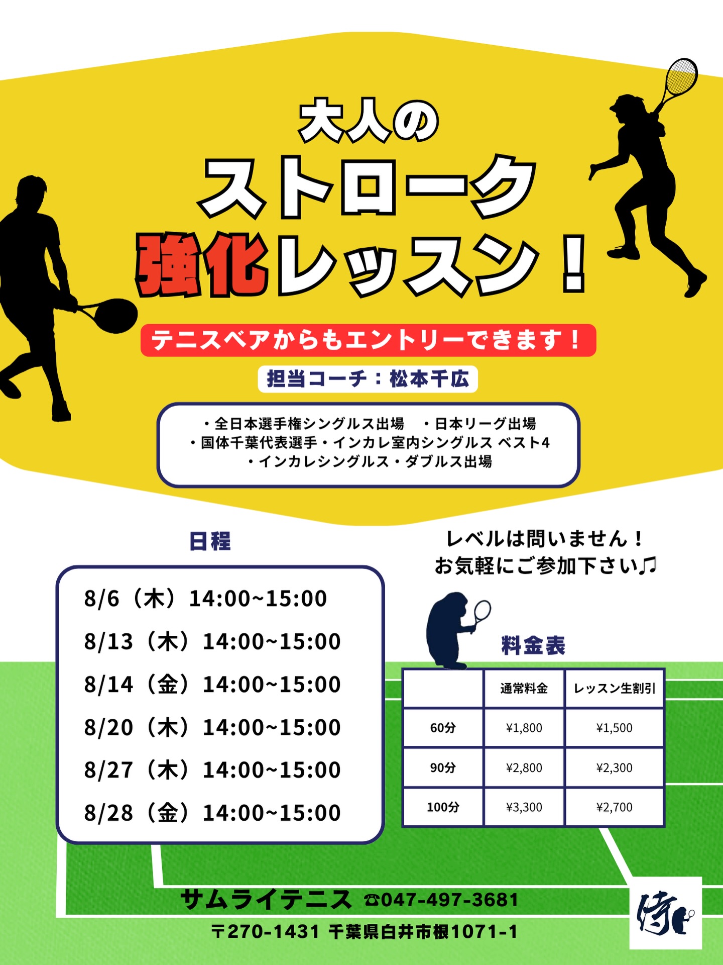 実践で使えるストロークの安定感・パワー・コントロールを磨きましょう💪

🌟 レッスン内容
✅ 正確なフォアハンド・バックハンドの習得 ✅ ラリーの安定感を向上させる練習 ✅ 攻撃的なショットの打ち方と戦略 ✅ フットワークを鍛え、素早い対応を身につける

📩 お申し込み方法
テニスベアかサムライHPよりお申し込みいただけます！

🔥 全日本選手権出場経験のある千広コーチと一緒に、レベルアップを目指しましょう！
 皆さまのご参加をお待ちしております！😊

#テニスレッスン #火木金開催 #ストローク強化 #千広コーチ #全日本選手権出場 スキルアップ
